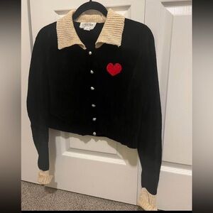 Black and Cream V-Neck Sweater with Red Heart